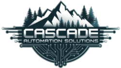 Cascade Automation Solutions logo featuring a stylized mountain range, evergreen trees, and circuit board elements, symbolizing technology and innovation